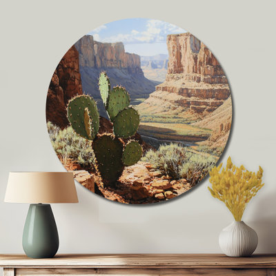 Cactus et le canyon en Arizona I - Cactus rond, art mural en métal vert traditionnel