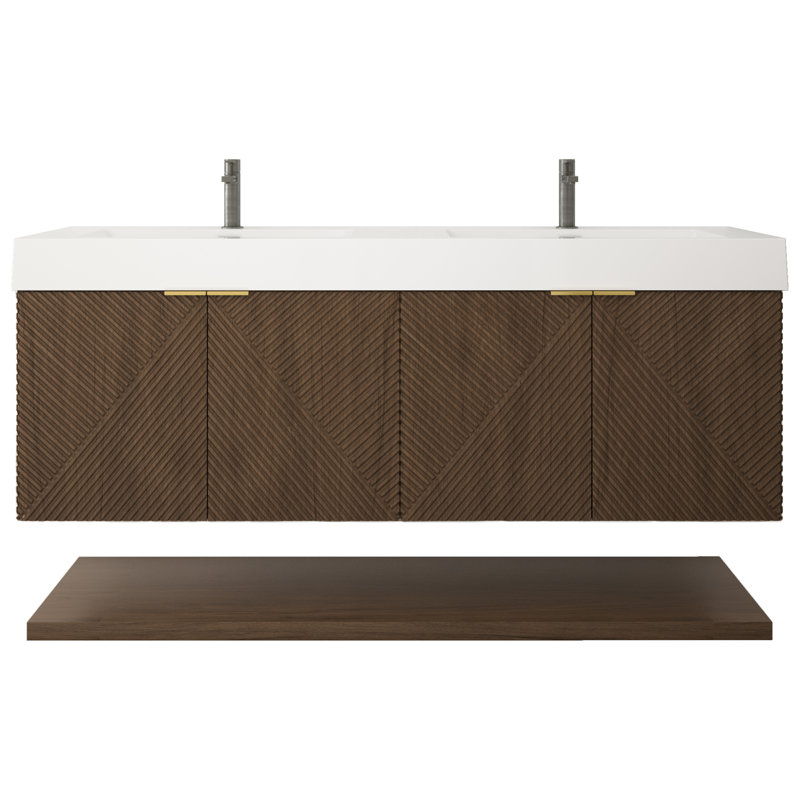 Stella 60 Inches Wall Mounted Vanity Set With Doors And Inside Drawer, Chestnut Brown