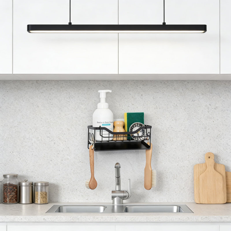 Organisateur d'évier de cuisine en acier inoxydable avec plateau de vidange automatique, porte-serviettes amovible et support à éponge pour comptoir ou évier