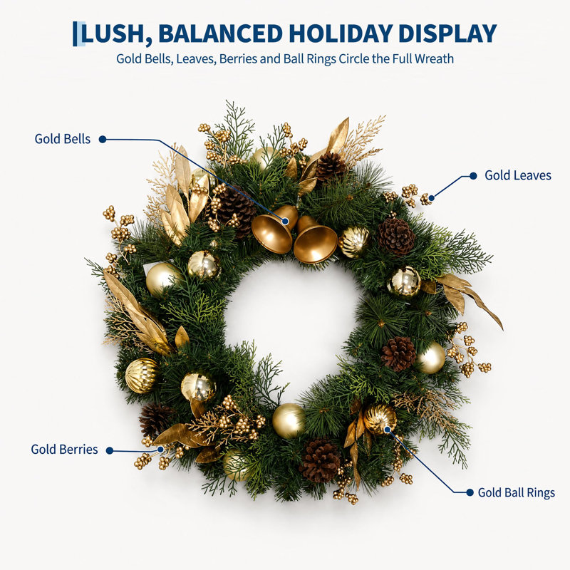 24" Christmas Wreath with Gold Double Bells, Leaves & Fruit | Artificial Green Pine Front Door Wreath for Porch, Window & Wall – Weather Resistant