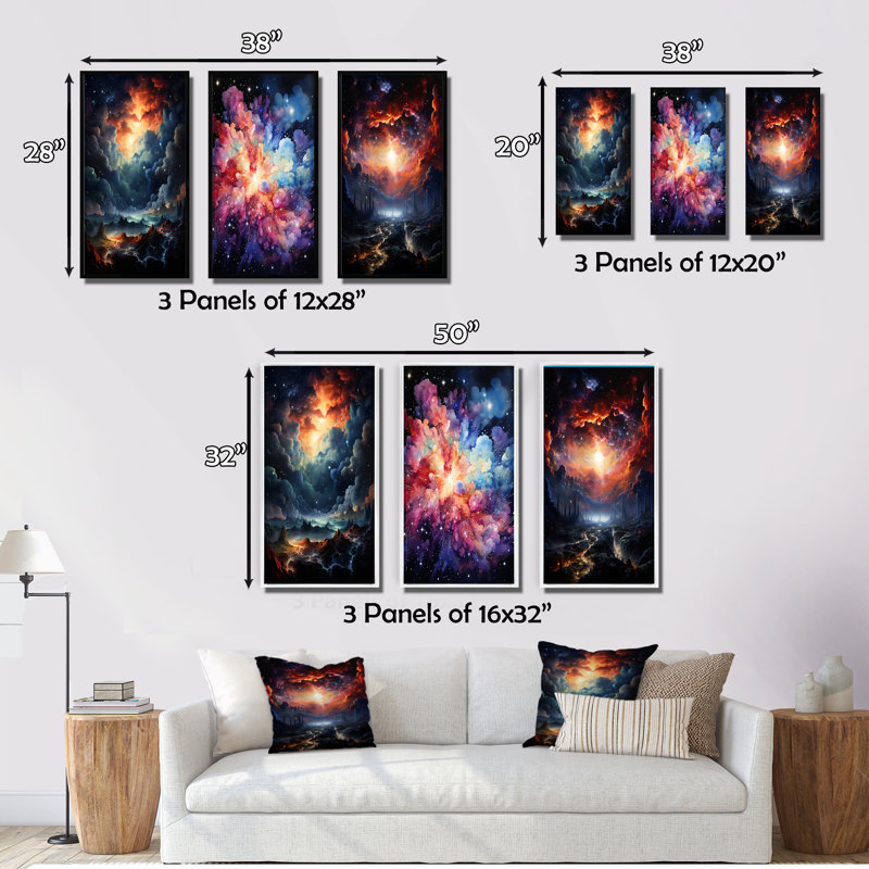 «Galaxy Celestial Fireworks», 3 pièces sur toile, H 28 po x l 36 po, Toile tendue
