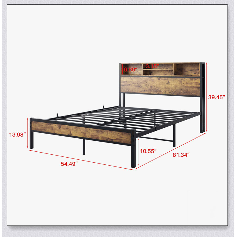 Structure de lit avec tête de lit avec rangement, lit plateforme en métal avec station de charge, Double, Noir