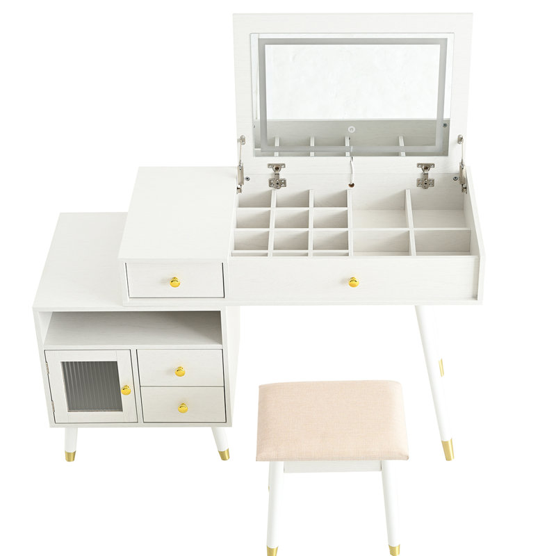 31 coiffeuses avec éclairage à DEL 3 couleurs, armoire latérale coulissante et tabouret - parfait pour les petites chambres