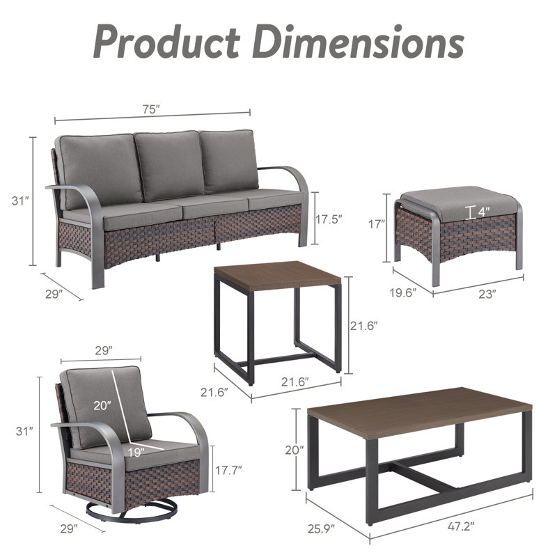Bobra 6 Pieces Outdoor Backyard Furniture Set With Swivel Chairs, Gray