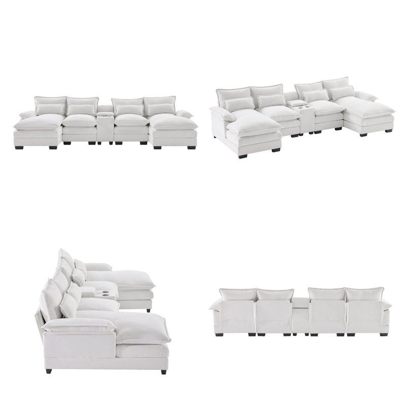 5-Piece Upholstered U-Shaped Sectional, White Chenille