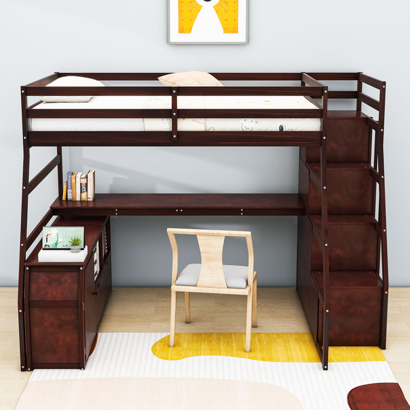 Lit mezzanine en bois avec tiroir Kerth, Espresso, Full