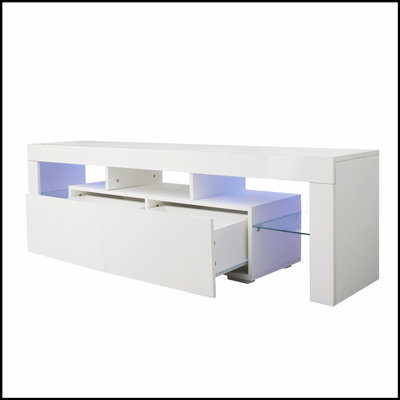 Modern White LED TV Stand with 20 Colors, Remote Control Lights, and Spacious Storage for Media Accessories