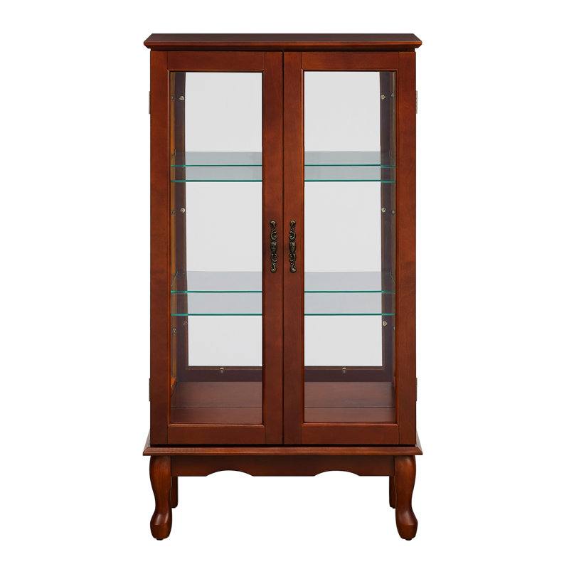 3 Shelf Curio Cabinet In Cherry With Mirrored Back And Magnetic Closure Lighted Load Capacity, Cherry