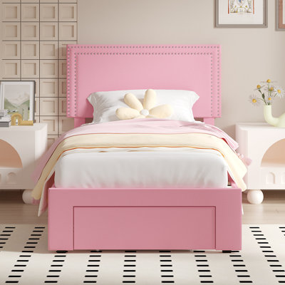 Bed with Storage Drawers Upholstered Platform Bed Adjustable with Nailhead Trim Headboard Wooden Slats Support Bed Frame