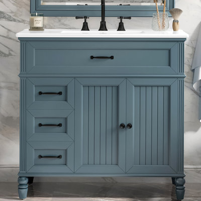 Meuble-lavabo 36 po avec lavabo, armoire de salle de bain bleue avec tiroirs, structure solide et panneau de fibres à densité moyenne, un paquet