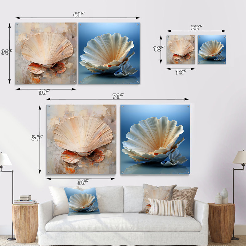 Minimalisme beige clam beauté - ensemble de 2 art mural en verre acrylique clam, H 36 po x l 73 po