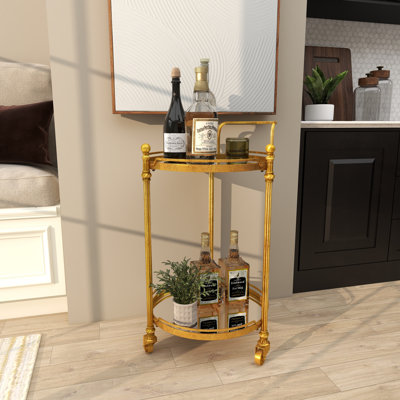 Crockett Brass Metal Rolling 2 Mirrored Shelves Bar Cart with Wheels and Handle 19" x 18" x 31"