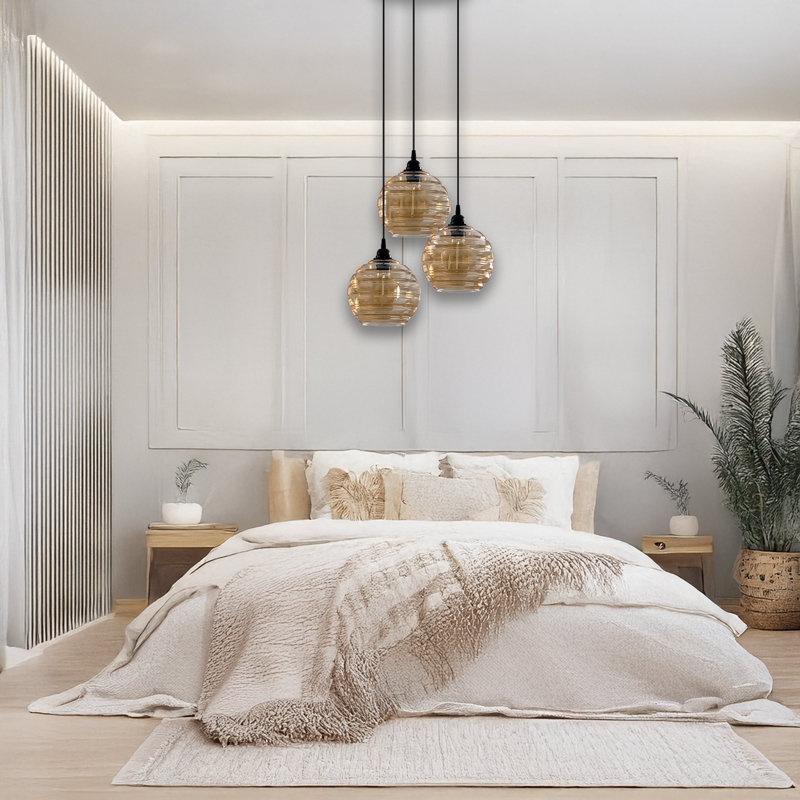 Luminaire suspendu en métal 3 lumières à hauteur réglable avec capuchon en verre fumé