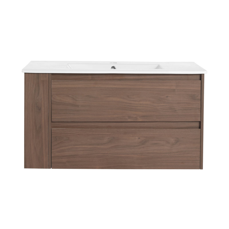 Meuble-lavabo mural 36 po avec lavabo en céramique, Chêne brun