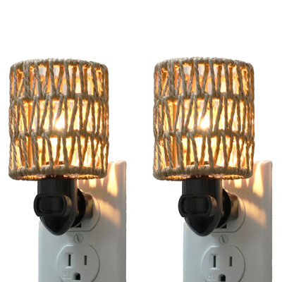 Boho Plug In Night Light With Switch,Farmhouse LED Night Lights Plug Into Wall Socket, 0.5W Nightlight With Bohemian Rattan Lamp Shade(Brown/2-Pack)