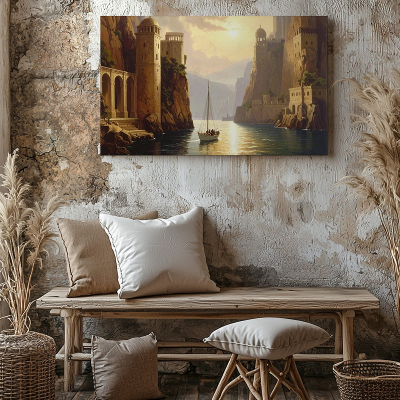 Art mural, voilier et cliffside château, H 30 po x l 30 po