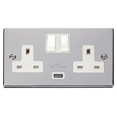 Polished Chrome 2 Gang 13A 1 USB Twin Double Switched Plug Socket