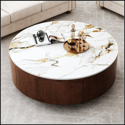 Round Wood Coffee Table With Faux Marble Top And Built-In Storage, Perfect For Modern And Elegant Living Spaces.