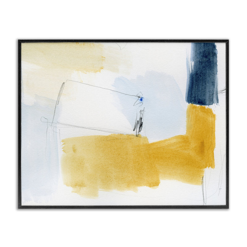 Jaune et bleu abstrait, estampe numérique par Victoria Barnes, Giclée encadrée noir minuit, H 24 po x l 30 po