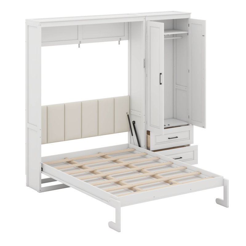 Lit escamotable horizontal Queen Size avec étagères de rangement, lit-armoire mural pliable en bois dissimulé avec garde-robe et tiroir, tête de lit rembourrée