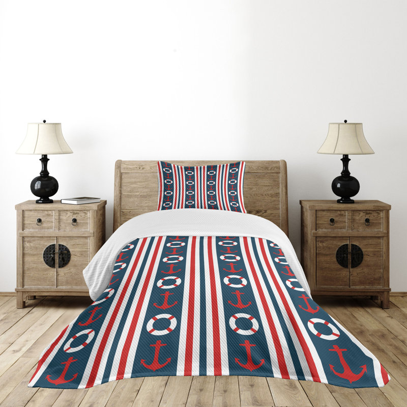 Nautical Twin White and Red Quilted Bedspread Set