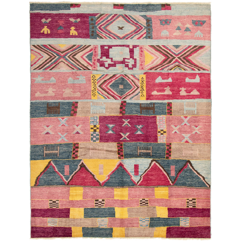 Tapis de zone en laine rose/jaune 9 pi 6 po x 12 pi 3 po one-of-kind à la main-noué la 2010 goliath Céline
