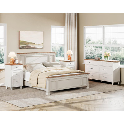 3 Piece Bedroom Set - Includes Mid Century 7 Drawer Dresser, Set Of 2 Bedside Tables With Charging Station, 3 Piece Dresser And Nightstand Sets