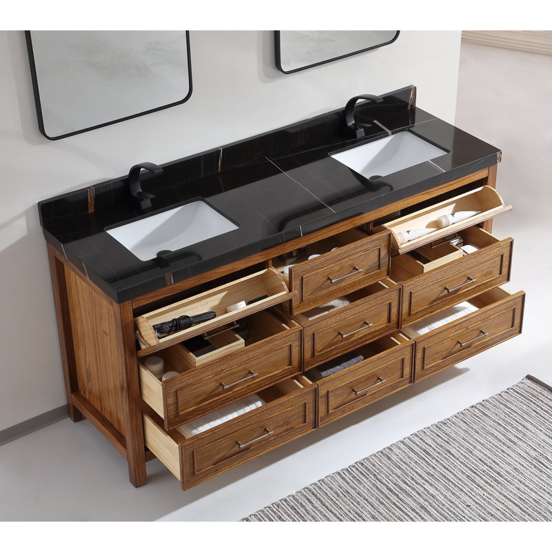 72" EBONY DOUBLE SINK VANITY DARK FINISH WITH WK-72 TOP 2" THICK TOP, Walnut, Black