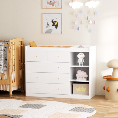 47.2'' Wood Baby Changing Table Dresser With 5 Drawers  Diaper Change Table Changing Station Storage Dresser Chest for Infant Mobile Nursery Organizer for Newborn,White and Natural