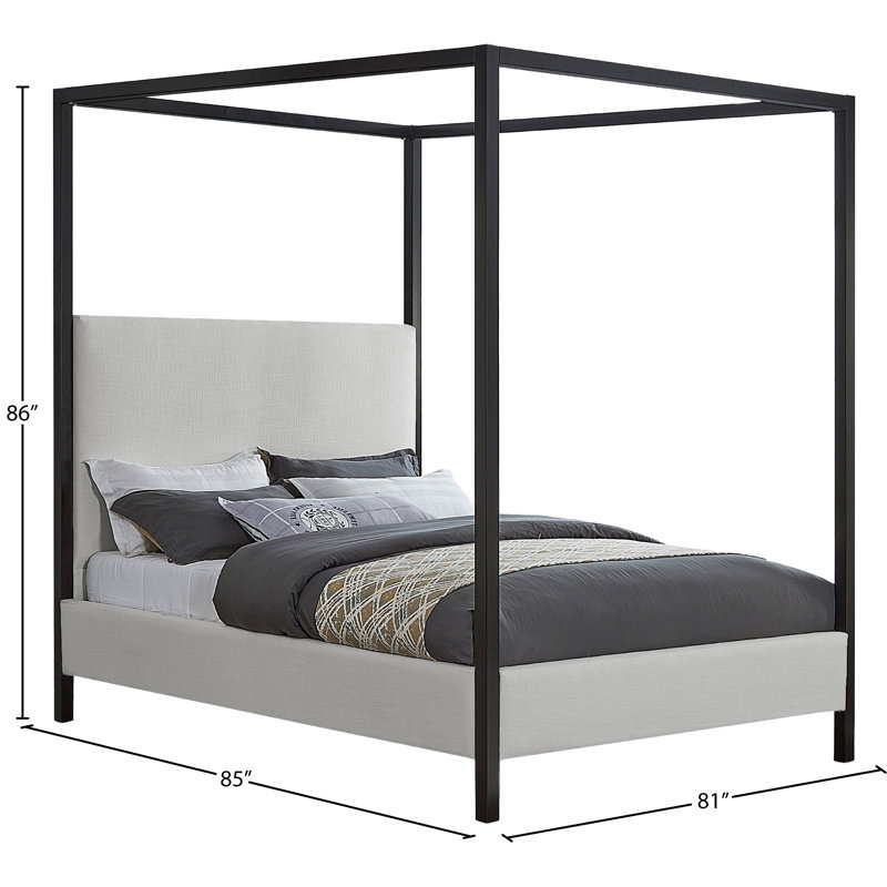 Upholstered Metal Canopy Bed, Cream Linen Textured Fabric, King