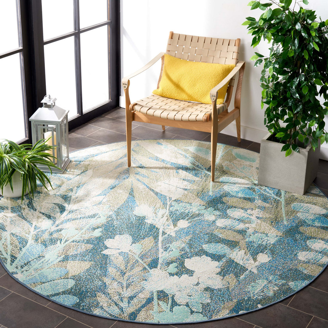 Aquia Floral Machine Woven Indoor / Outdoor Area Rug in Blue/Ivory Lark Manor™ Rug 