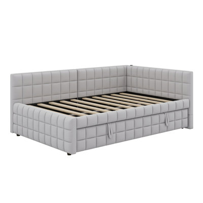 Full Size Daybed With Twin Pop Up Trundle, Upholstered L-Shaped Day Bed Frameand With USB Ports For Kids Adults by Latitude Run