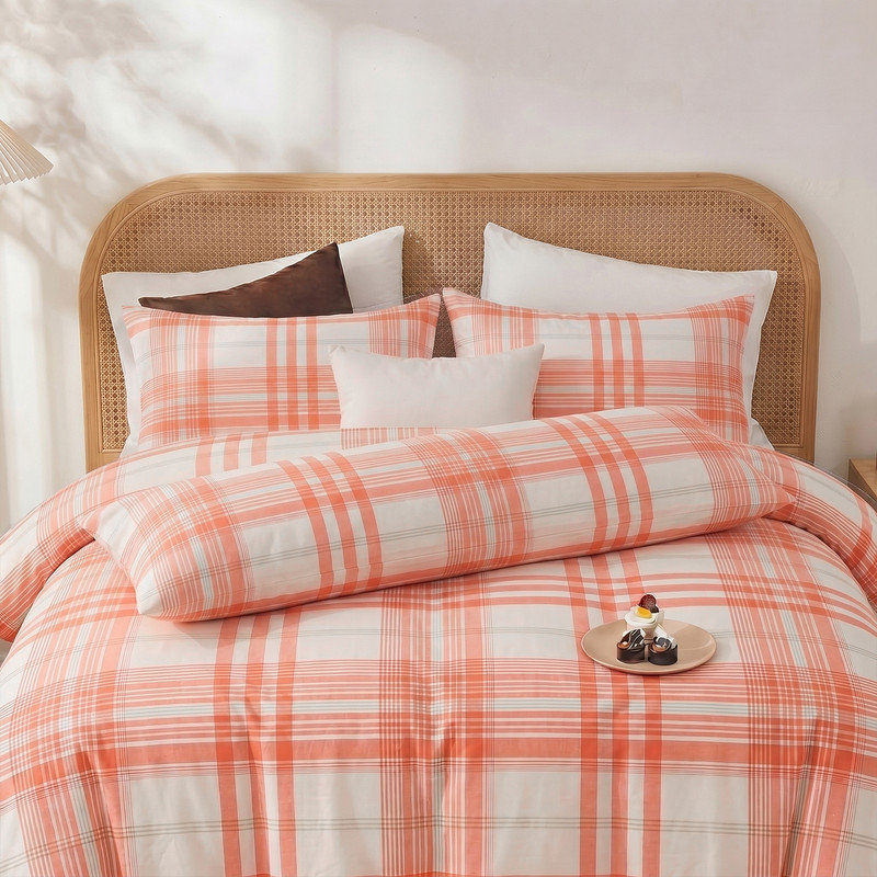 100% Cotton Body Pillow Cover, 20 x 54, Washed Cotton Coral Plaid Pillowcase, Soft Breathable Pillow Cover for Bed