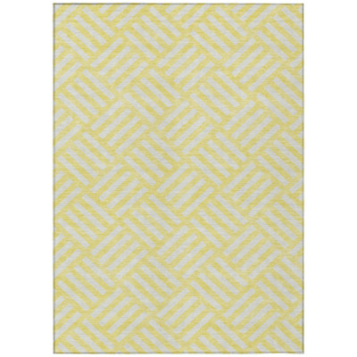 10' X 14' Yellow And Ivory Geometric Washable Indoor Outdoor Area Rug