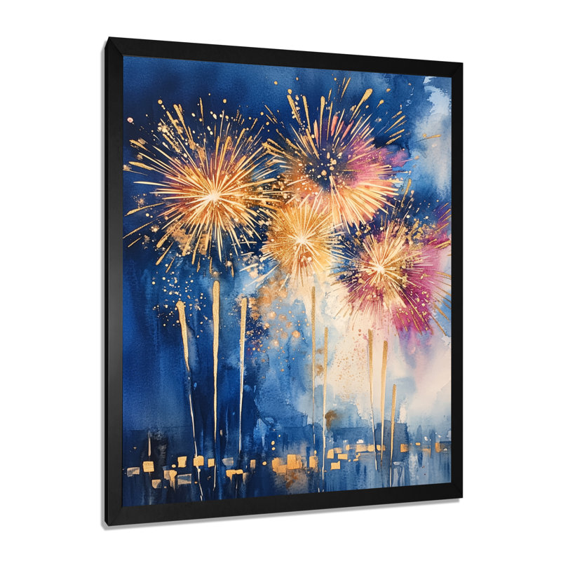 Feux d'artifice pour le Nouvel An - Tableau encadré bleu de saison, H 44 po x l 34 po, Black Picture Framed