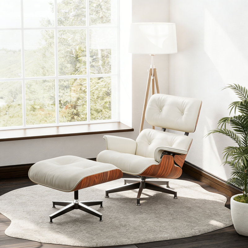 Chaise longue pivotante classique en cuir fleur avec base en bois massif et robuste, Bois de rose blanc