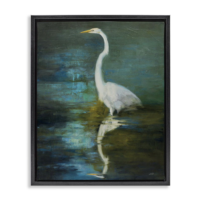 "Nautical Bird Lake Reflection", art mural encadré par Julia Purinton, Cadre flottant noir de jais, H 21 po x l 17 po