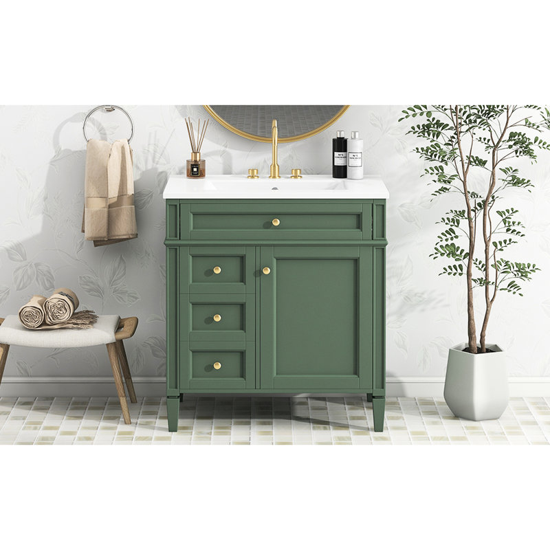 Meuble-lavabo moderne de 30 po avec lavabo, 2 tiroirs, 1 tiroir escamotable, design, fonctions de rangement variées et rangement à 3 portes en céramique multi-usages, glissières de tiroir en métal lisse,