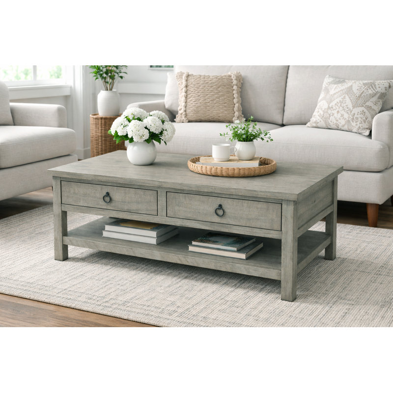 Table basse avec rangement en bois massif Bloomingdale, Bleu pâle rustique