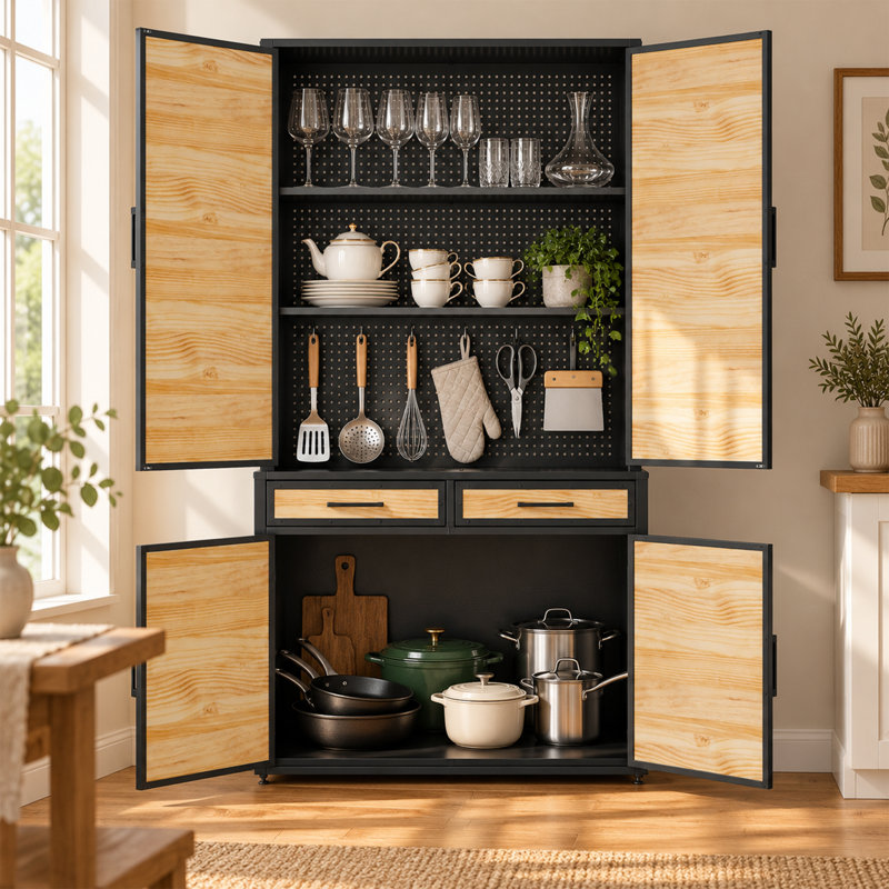Huche de rangement 83 po en pin noir avec panneau perforé et tiroirs