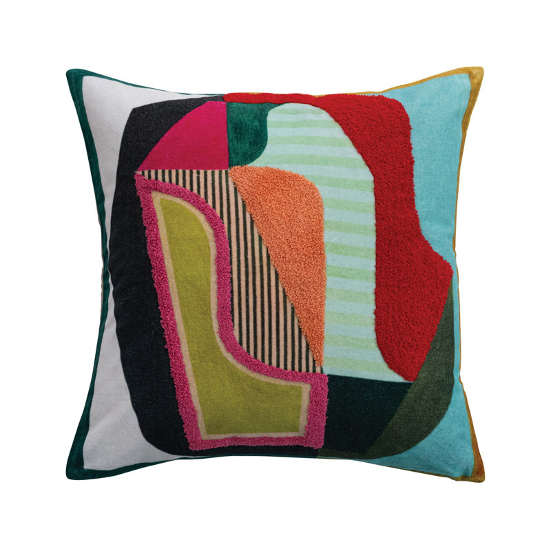Coussin carré en velours de coton à motif abstrait, capitonné et à rayures, Rouge / bleu / orange géométrique