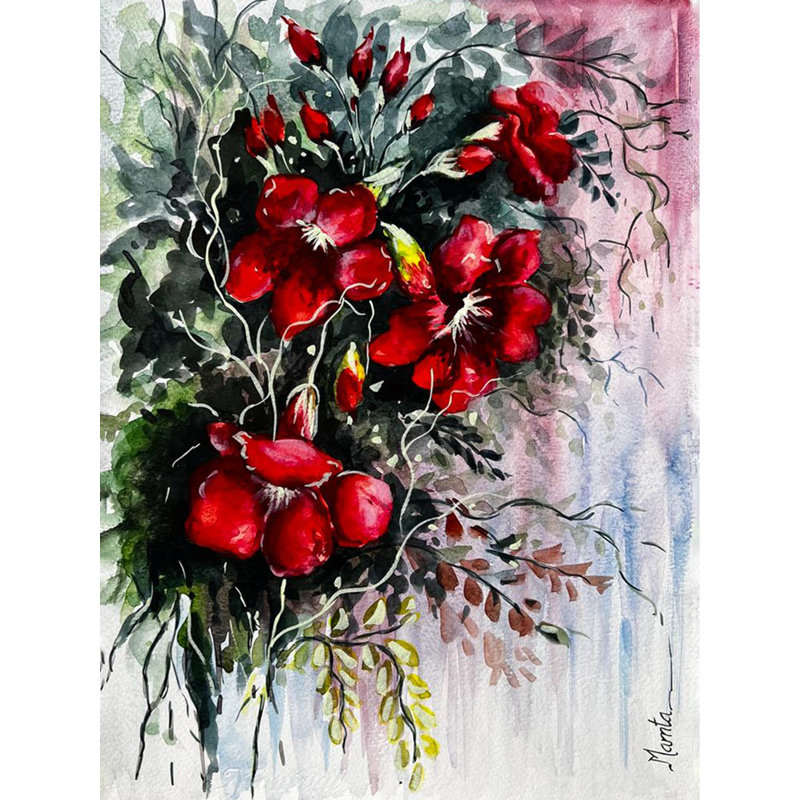 Aquarelle, passion de pétunia, peinture sur feuille de canson par Mamta Saxena - Art mural floral passionné, décor botanique romantique