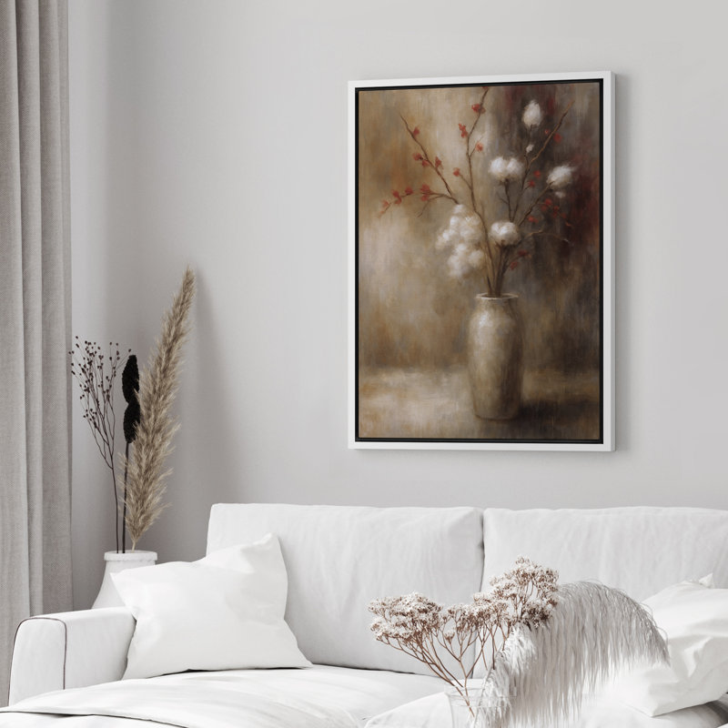 «Rustic Neutral Floral Still Life Farmhouse Decor», reproduction d'art sur toile encadrée, H 36 po x l 24 po, Blanc