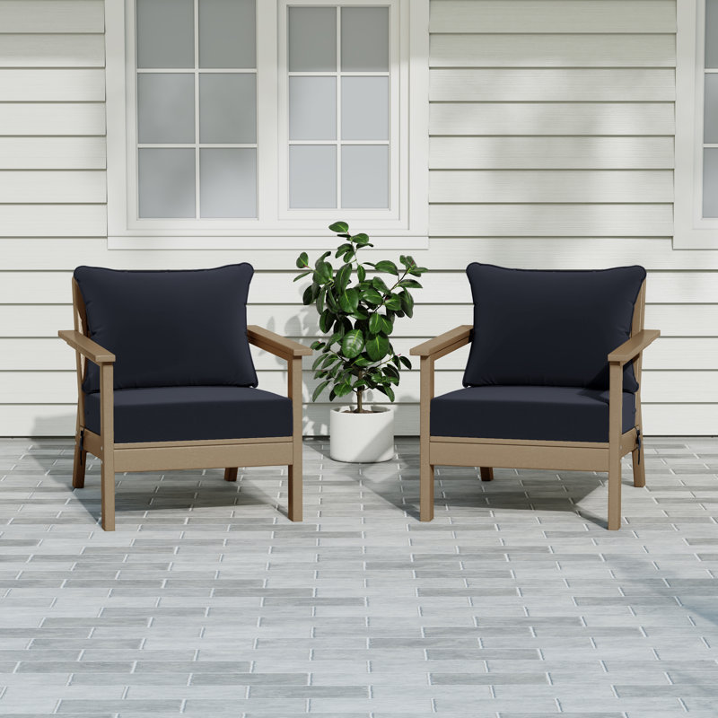 Deep Seating Chair With Cushions (Set Of 2), Navy Blue, Light Brown