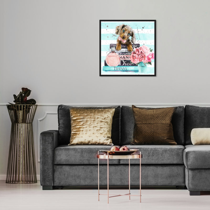 «Doxie Mint Blue», impression sur toile, H 16 po x l 16 po, Cadre flottant noir