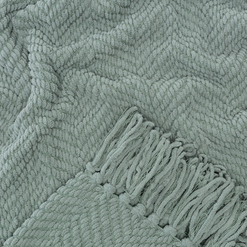 Tan Sage Knitted Throw Blanket with Tassels - 50" x 65"