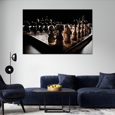 Elegant Chess Board Canvas Print: Black and White Strategy Game Artwork,1P WhiteFramedCanvas