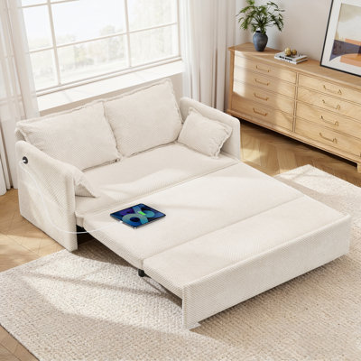 Pull Out Sofa Bed – 60" Convertible Sleeper Sofa Bed with USB Ports, Corduroy/Chenille Fabric Loveseat Chaise Lounge for Living Room, Guest Rooms, Ivory