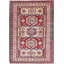 Tapis décoratif en laine noué à la main rouge, bleu marine et ivoire 4 x 5,6 pi