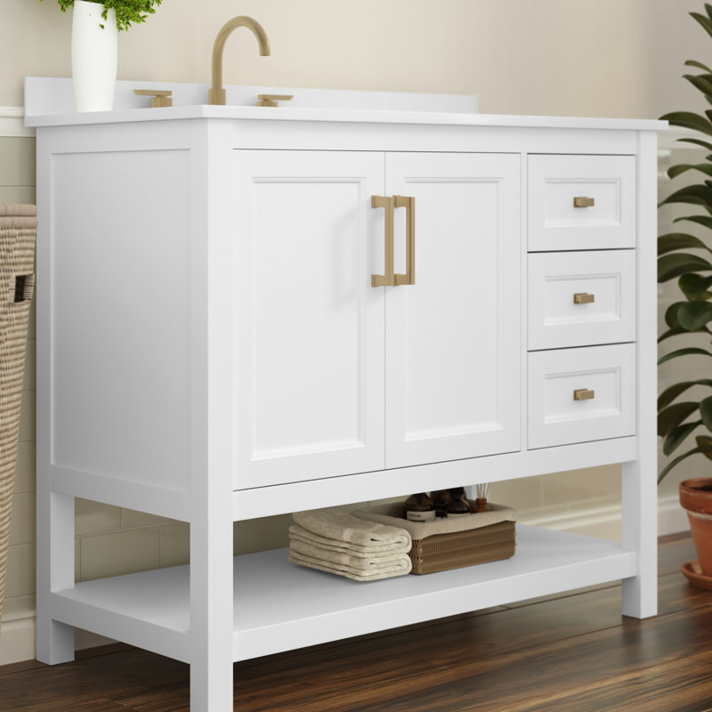 Ensemble de meuble-lavabo simple 36 po avec lavabo, armoire, tablette de rangement ouverte et tiroirs de rangement Caniya, Or